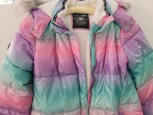Justice Puffer Jacket Kids Girls XL Pink Blue Faux Fur Lined Hoodie New - Picture 1 of 7