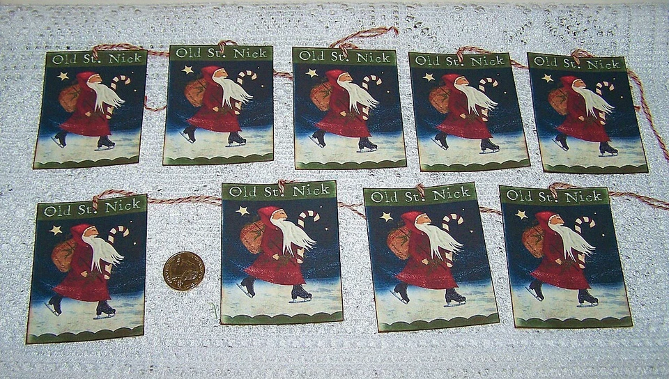 9~Christmas~Primitive~Folk Art~Old St Nick~Santa~Linen Cardstock~Gift~Hang~Tags - Image 1 of 1