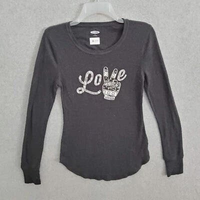 Old Navy Women Top Medium Gray T-Shirt Love Peace Graphic Waffle Knit Pullover - Image 1 of 4