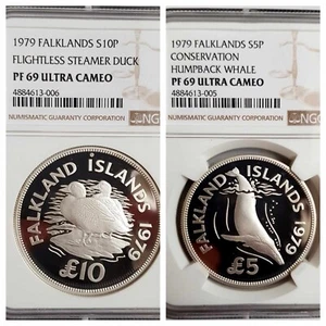 Falkland Islands 1979 Conservation Series Proof Set £5 & £10 NGC PF69 UC - Picture 1 of 6