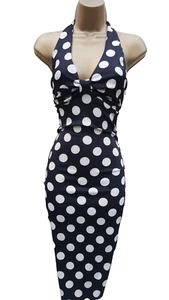 KAREN MILLEN 14-12 UK Vintage Black White Polka Dot Halterneck Wiggle Dress - Picture 1 of 8