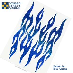 Flame Glitter Helmet Decals, 4 Blue Flames Bicycle Frame Stickers #876G - Picture 1 of 5