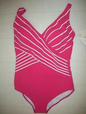GOTTEX Fuchsia & White Embrace 1 Pc V Neck Surplice Style Swimsuit Sz 12 NWT - Image 1 of 2