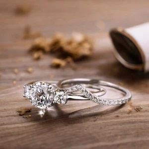 Certified 18K White Gold Lab Created Diamond Ring Set 1.35 Ct Round Cut IGI - Picture 1 of 12