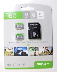New PNY Elite 16GB Micro SDHC Memory Two Class 10 Cards w/ Adapter Multi-Pack - Picture 1 of 5