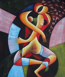 Retrato moderno cubismo pintura al óleo pareja abrazando cariñosa 24x20 - Imagen 1 de 1