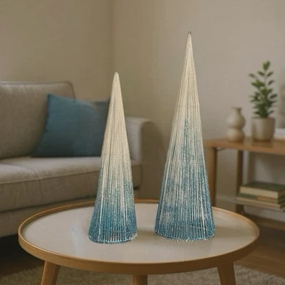 VTG Christmas Trees MCM Holiday Decor Cone Glitter String Blue White Set Of 2 - Image 1 of 4