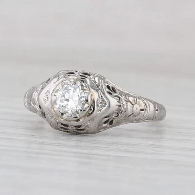 Anillo de compromiso solitario de diamantes Art Deco de 0,36 quilates filigrana de oro blanco de 18 k Foto 1 de 4
