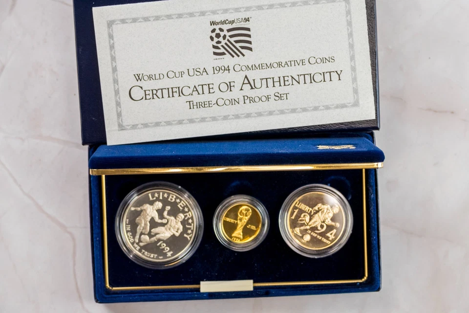 1994 FIFA World Cup 3-Coin Gold & Silver Set BU w/ Box & COA - Image 1 of 4