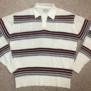 Vtg Mister Mann 70s Sweater Cable Knit Acrylic XL Cream Gray Burgundy Atomic - Picture 1 of 12