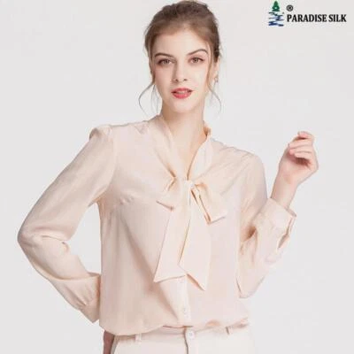 Camisa de seda natural para mujer manga larga damas cuello con lazo 100 % seda crepé blusa Foto 1 de 4