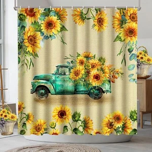Farm Truck Sunflower Shower Curtain Farmhouse Flower Polyester with Hooks - Picture 1 of 6