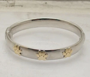 Technibond Paw Print Oval Hinged Bracelet 14K Yellow White Gold Plated Silver - Picture 1 of 4