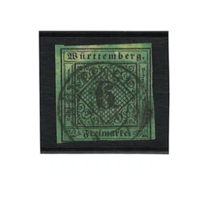 1851-52 Germany (Wurtemburg) 6 kr. Black on Yellow Green Imperf. Cancelled - Picture 1 of 2
