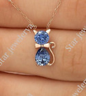 Round Blue Moissanite Cat Necklace Dainty Pendant for Teenagers Diamond Jewelry