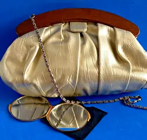 Olga Berg Clutch Mini Leather Shoulder Handbag Women Gold Wood Brass Chain+Gift - Picture 1 of 10