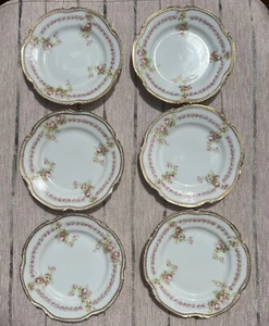 Limoges Francia Moem Antiguo Abadía Porcelana Set 6 Platos Rosas Rosas y Borde Dorado - Imagen 1 de 4