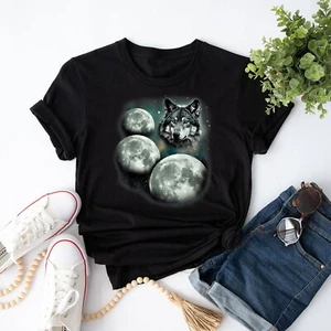 Unisex Three Moon Wolf 3 Moons Howling At Space Wolf Magic Wolf T Shirt - Picture 1 of 22