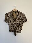 hot topic women's leopard print crop short sleeve front knot shirt top brown SM