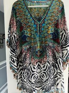 Colorful Blouse with Batwing Sleeves and Beaded Accents One Size Fits All