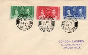 Hong Kong 1937 KGVI Coronation set of 3 Cover to London - Picture 1 of 1