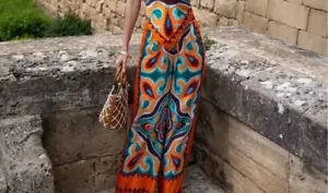 Women Boho Pants Medium M Orange Print Paisley Wide Leg High Rise Drawstring - Picture 1 of 14