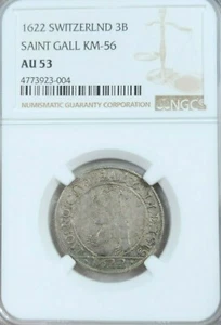 1622 SWITZERLAND 3 BATZEN SAINT GALL KM 56 NGC MS AU 53 BEAUTIFUL TOP POP 1 - Picture 1 of 5