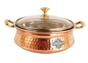 Copper Hammered Design Handi Bowl with Glass Lid Handles Silver Volume-700 ml - Picture 1 of 5