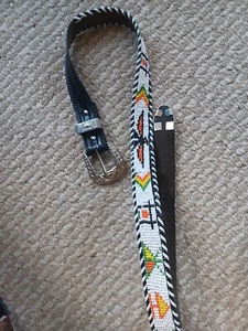 Vintage Beaded Leather Belt Size 34 S Thunderbird Western Native American Aztec - Picture 1 of 2