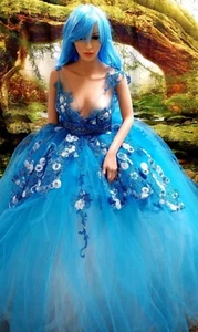ATARAH Turquoise & White Embroidered Lace Tulle Fairy Nymph Wedding Ballgown Set - Picture 1 of 12