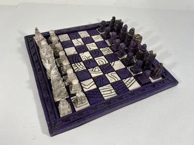 GORGEOUS AZTEK PURPLE WHITE CHESS SET | 10" x 10" BOARD, 32 PIECES; RESIN - Image 1 of 4
