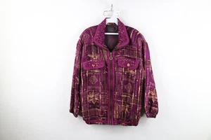 Vintage 90s Streetwear Womens Medium Abstract Flower Silk Full Zip Bomber Jacket - Picture 1 of 15