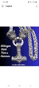 Wikinger - Thors Hammer Anhänger Schmuck mit Wolfsköpfen aus Edelstahl / Mjolnir - Bild 1 von 4