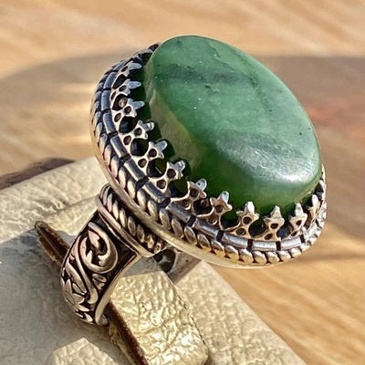 Anillo pesado sultán 925 plata esterlina para hombre anillos de jadeíta verde natural 17 g Foto 1 de 4