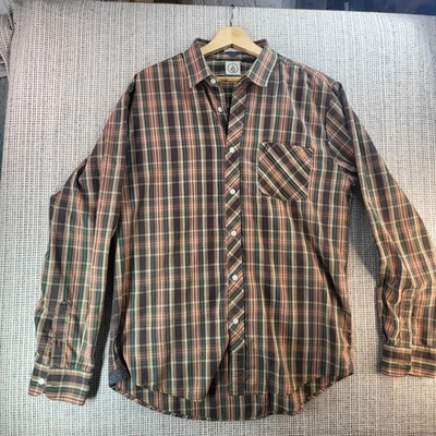 Volcom Shirt Mens Large Green Brown Plaid Classic Fit Long Sleeve Button Up - Image 1 of 4