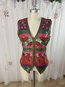 Vtg 80s Laurence Kazar Sequin Beaded Silk Vest Mardi Gras Holiday Festival sz S - Picture 1 of 9