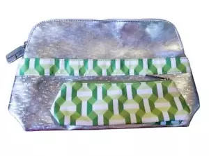 SET of TWO CLINIQUE SILVER GREEN COSMETIC MAKE-UP TRAVEL CASE POUCH CLUTCH NEW - Picture 1 of 1