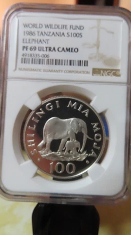 1986 100 Shilling Tanzania  Wildlife Fund elephant Silver  Coin PCGS PR69 Cover