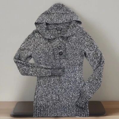 Wet Seal Juniors XL Black Hooded Longline Chunky Knit Tunic Sweater Hoodie - Image 1 of 4