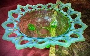 Green Northwood Opalescent Pierced Perimeter Shell & Wild Rose Pattern Bowl - Picture 1 of 2
