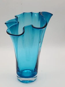 Vintage Aqua Blue Art Glass Vase Ruffled Handkerchief Rim 8.5" - Picture 1 of 6