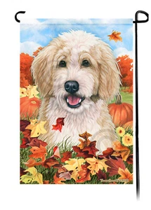 Falling Leaves Garden Flag - Buff and White Bernedoodle - Picture 1 of 1