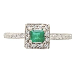10k White Gold Genuine Natural Emerald Ring with Diamond Halo Size 6.5 (#J6808) - Picture 1 of 10