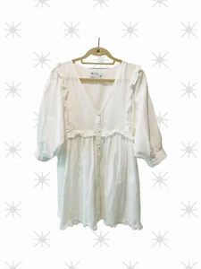 ASOS White Smock Dress V-Neck Ruffle Button Front Mini Short Sleeve Sz 6 - Picture 1 of 5