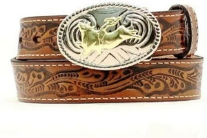 NOCO Brown Tooled Bull Rider Floral Leather Western Belt -GENTLY USED Sz 26 - Picture 1 of 7