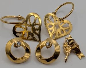 3 PARES DE PENDIENTES PERFORADOS VINTAGE TONO DORADO Estrás Corazón Cinta Cuelga - Imagen 1 de 15