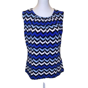 Calvin Klein Blue/White/Black Pleated Neck Sleeveless Career Top Small EUC - Picture 1 of 9