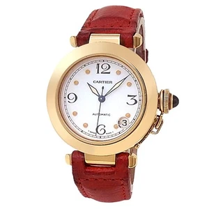 Cartier Pasha 18k Gelbgold Rot Leder Automatik Weiß Herrenuhr W3013456 - Bild 1 von 5