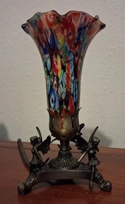Murano Millefiori Tulip Glass Lamp with Winged Fairy Metal Base - Image 1 of 4