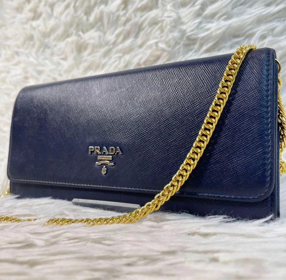 PRADA Logo Chain Shoulder Bag Long Wallet Saffiano Leather Navy Authentic - Image 1 of 4